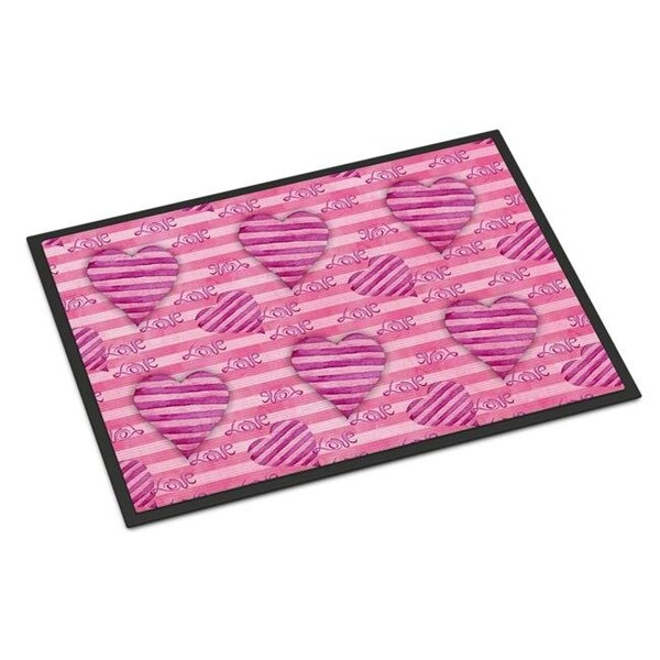 Carolines Treasures BB7566MAT Watercolor Hot Pink Striped Hearts Indoor or Outdoor Mat; 18 x 27 in. BB7566MAT - main